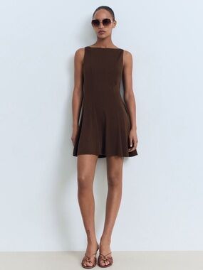 Mango Chocolate Brown pleated A-line dress NWT
